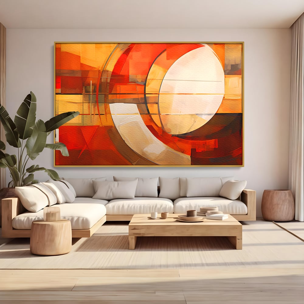 Tablou canvas cu tablou canvas cu pictura abstracta geometrica, in rama de aluminiu auriu, pe perete intr-un living